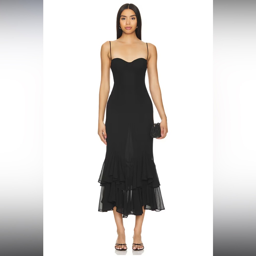Black NBD Revolve midi dress, cocktail black tie, ruffles